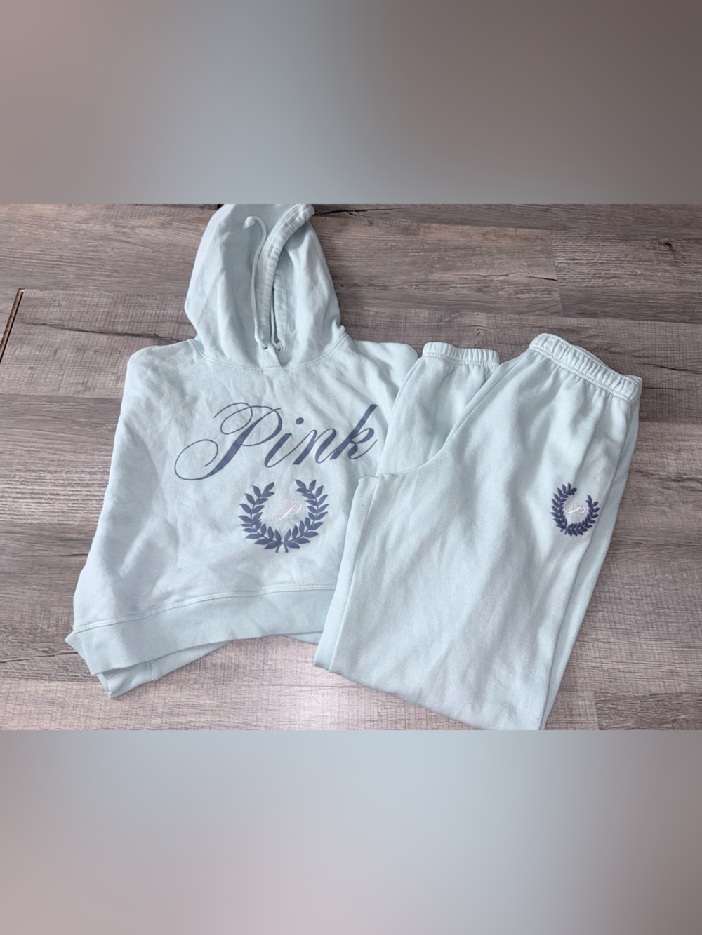 VSPink Crop Hoodie High Waist Gym Pants Set Opal Blue campus joggers